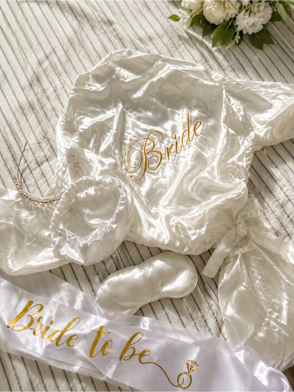 Bride Satin Robe, Eye Mask and Sash Set in Ivory with Gold Script